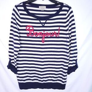 LOFT Bonjour Women's Navy Blue and White Striped Roll Tab Sleeves Sweater MEDIUM